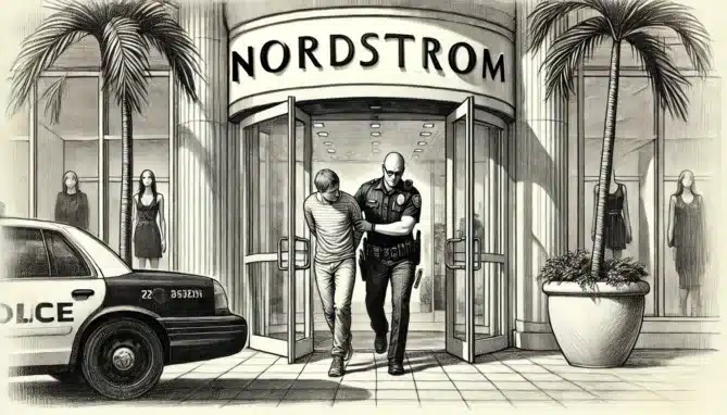 customer being arrested by officer for shoplifting from Nordstrom in Miami